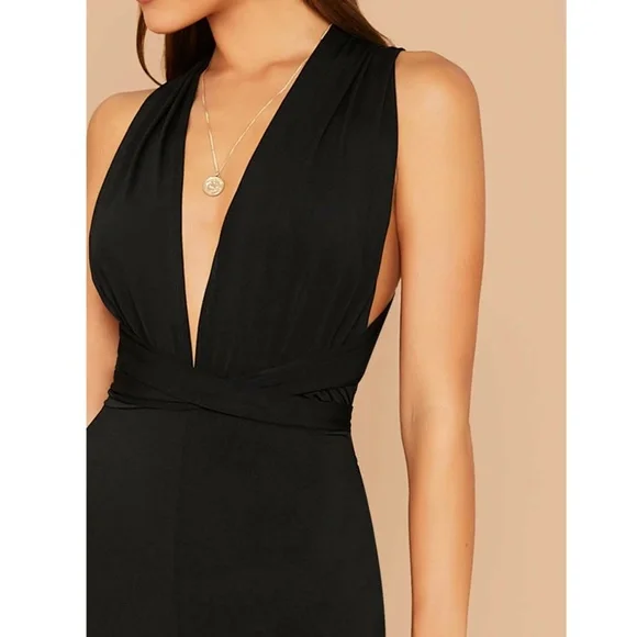 Multi Way Wrap Tie Top Black Elegant Jumpsuit Wide Long Leg Backless - Picture 6 of 16